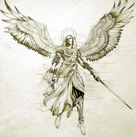 Archangel With Sword & Evil Head Tattoo Design