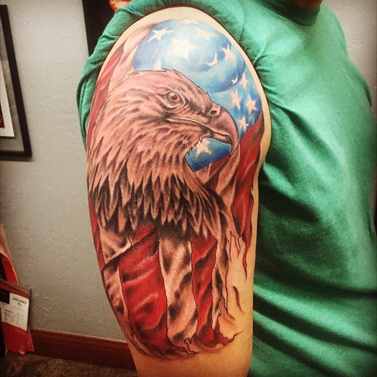 Awesome American Flag & Bald Eagle Tattoo On Half Sleeve & Shoulder