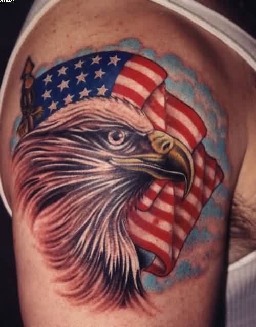 Awesome American Flag With Bald Eagle Head Tattoo Design On Shoulder