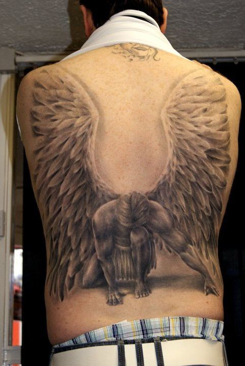 Awesome Grey Ink Fallen Angel Tattoo On Male Full Back