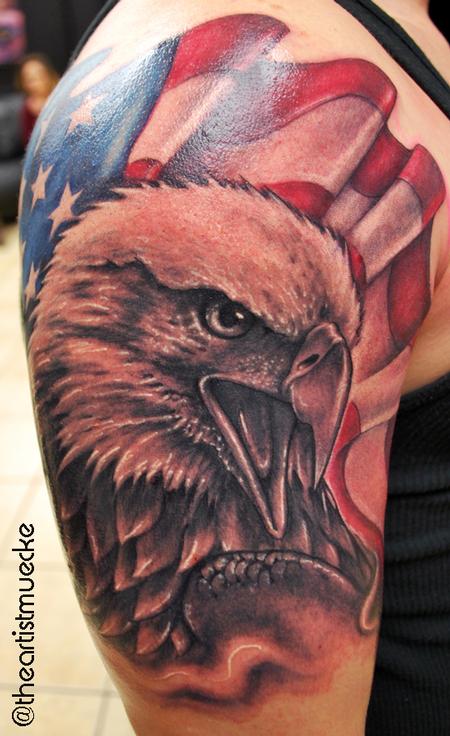 Awesome Realistic Bald Eagle & American Flag Tattoo On Shoulder By George Muecke