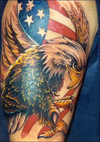 Bald Eagle & American Flag Tattoo On Sleeve