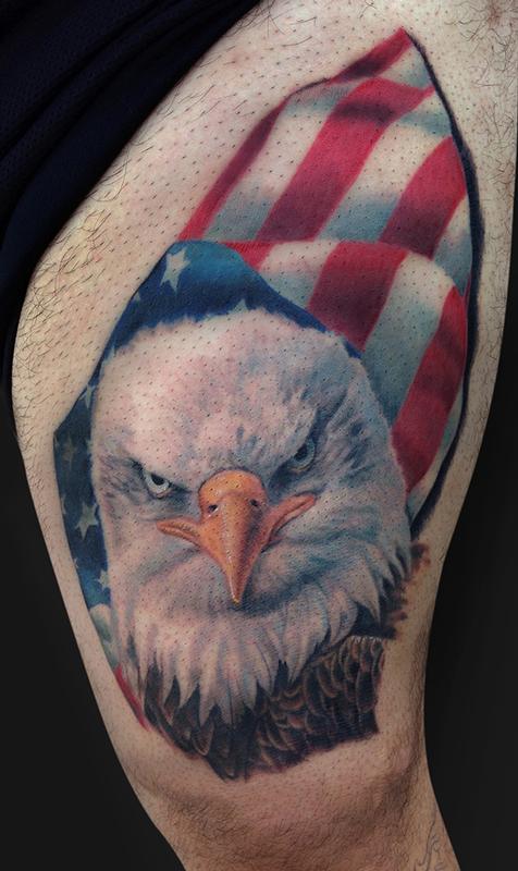 Bald Eagle & American Flag Tattoo On Thigh By Jamie Lee Parker