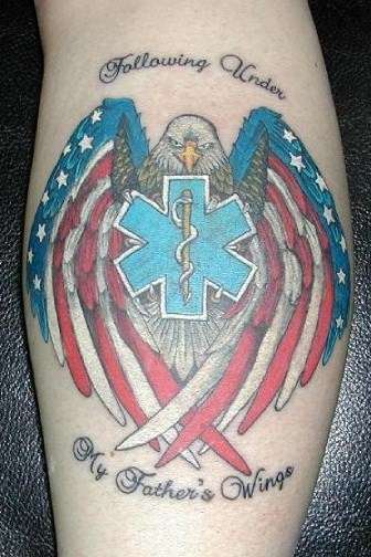Bald Eagle In American Flag Colored Wings Tattoo On Forearm With Wording – Following Under My Father’s Wings