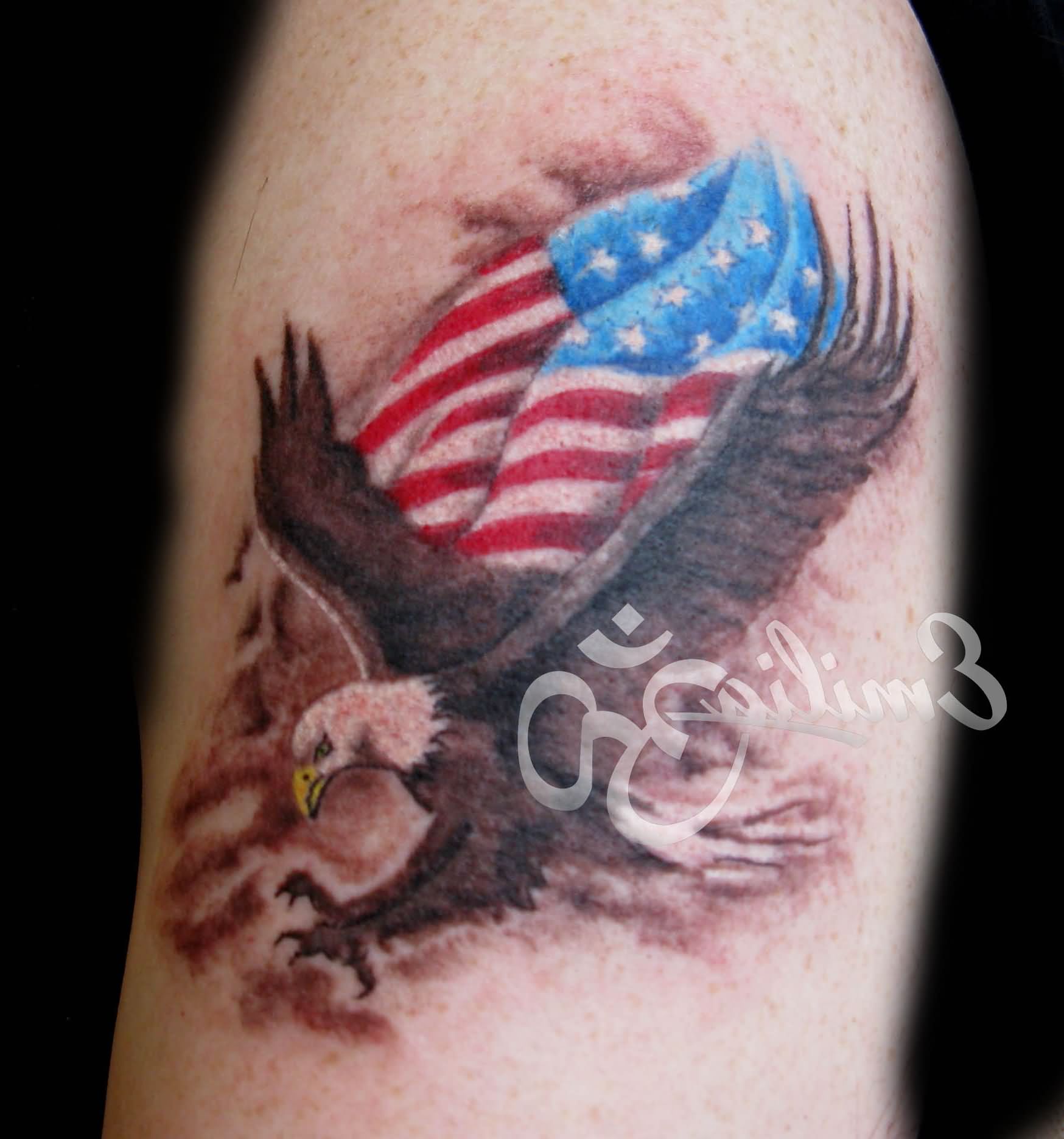 Bald Eagle With American Flag Tattoo On Sleeve