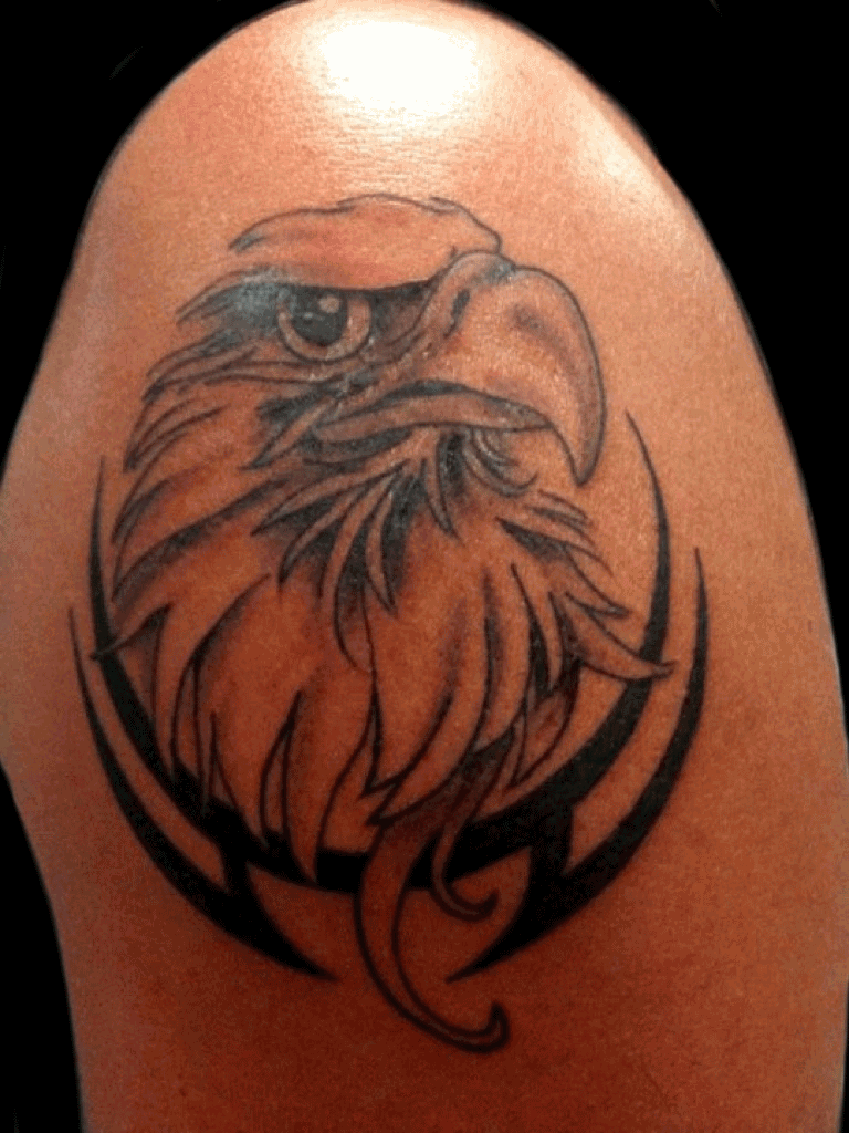 Beautiful Designed Black & Grey Eagle Head Tattoo On Shoulder