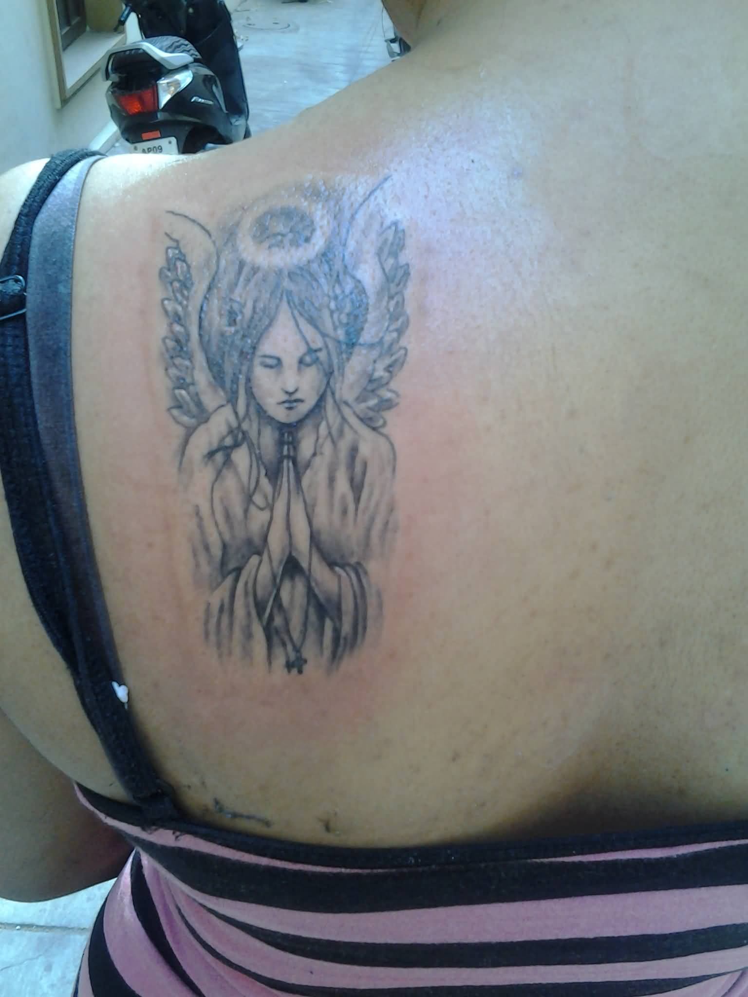 Beautiful Praying Angel Tattoo Design On Girl Back Shoulder