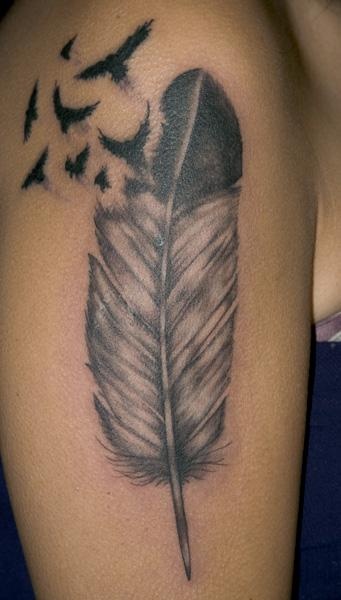 Black Birds Coming Out Of Grey Eagle Feather Tattoo On Sleeve For Girls