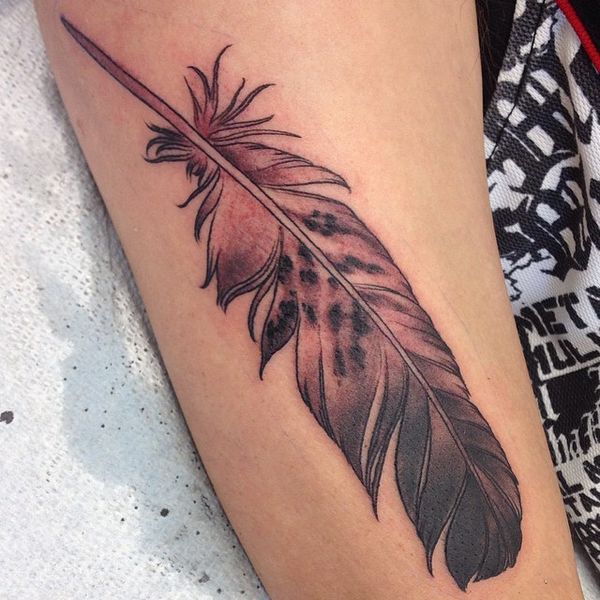 Black & Grey Eagle Feather Tattoo On Girl Half Sleeve