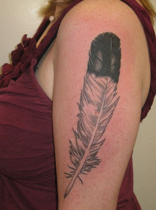 Black & Grey Eagle Feather Tattoo On Half Sleeve For Women