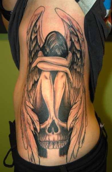 Black & Grey Ink Fallen Angel With Skull Tattoo On Side Body