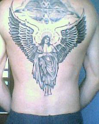 Black & Grey Ink Large Praying Angel Tattoo On Full Back
