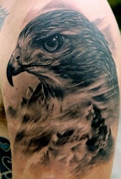 Black & Grey Realistic Eagle Head Tattoo On Shoulder