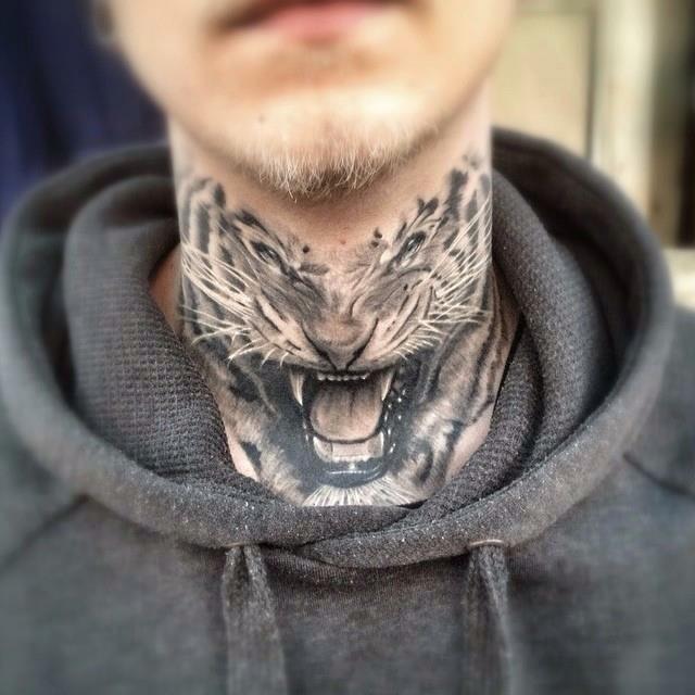 Black & Grey Roaring Tiger Tattoo On Neck
