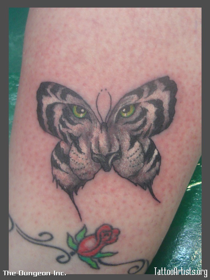 Black & Grey Tiger Butterfly With Rose Divider Tattoo On Arm