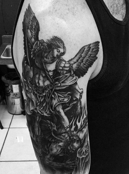 Black Ink Archangel Tattoo On Half Sleeve For Men