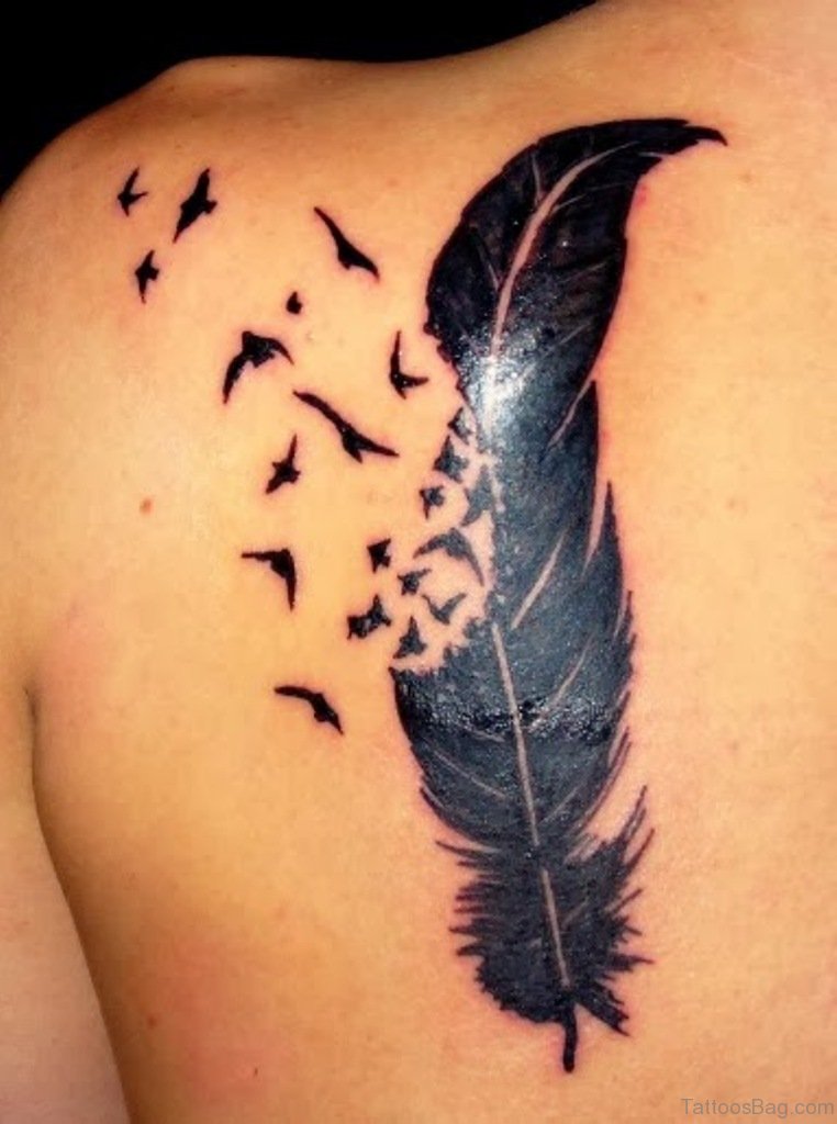 Black Ink Dark Eagles Coming Out Of Feather Tattoo On Back Shoulder