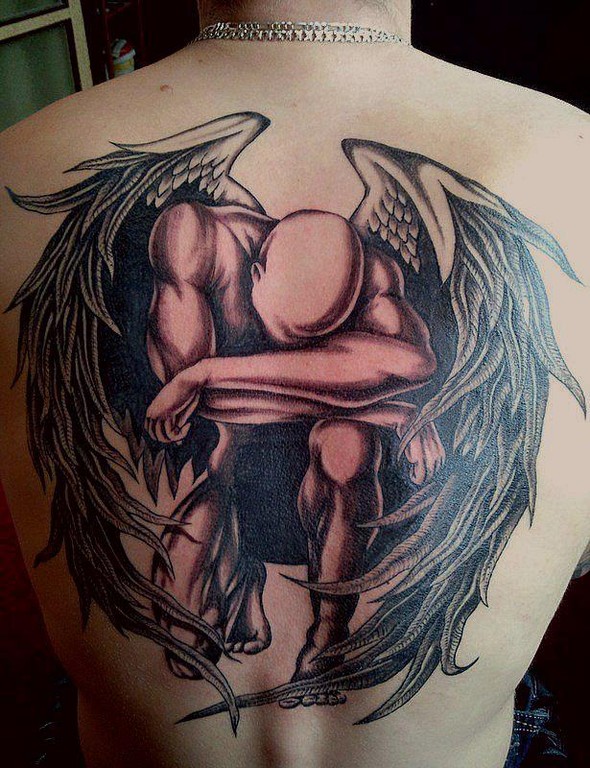 Black Ink Dark Male Fallen Angel Tattoo Design On Full Back For Men