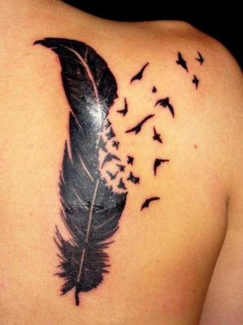 Black Ink Eagle Feather With Birds Coming Out Tattoo On Back Shoulder For Girls