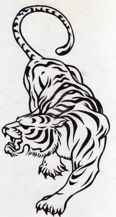 Black Roaring Walking Tribal Tiger Tattoo Design