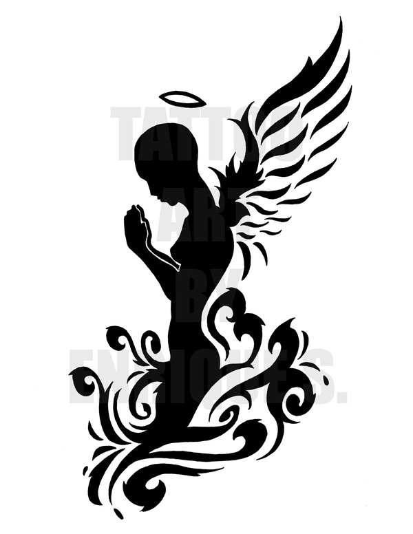 Black Silhouette Praying Angel Tattoo Design