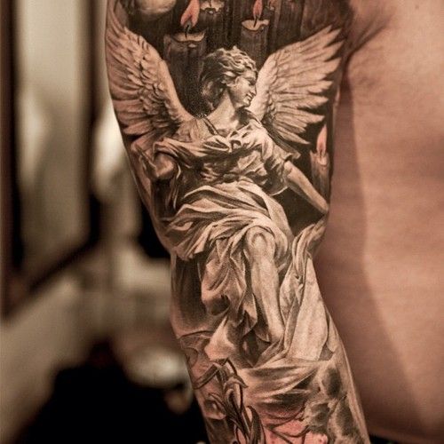 Black & White 3D The Archangel Tattoo On Sleeve For Men