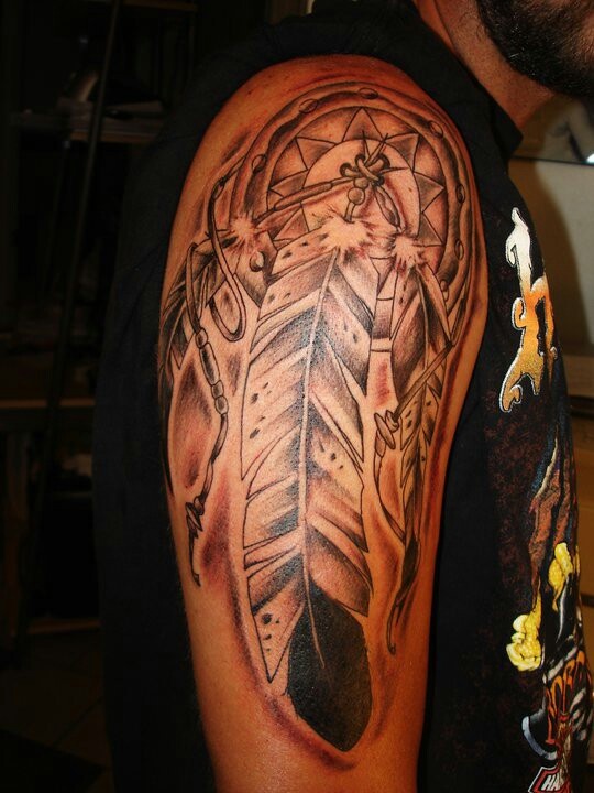 Black & White Amazing Eagle Feather Tattoo On Half Sleeve For Men