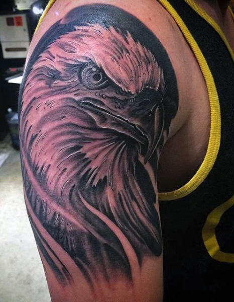 Black & White Dark Eagle Head Tattoo On Shoulder For Men