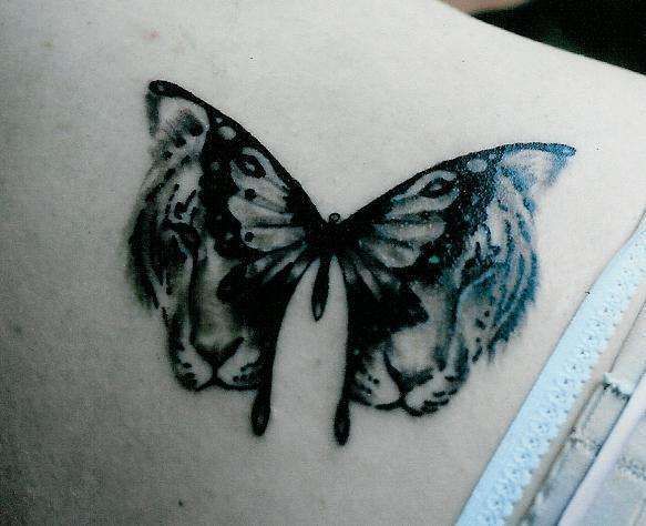 Black & White Dark Tiger Butterfly Tattoo On Back Shoulder For Girls