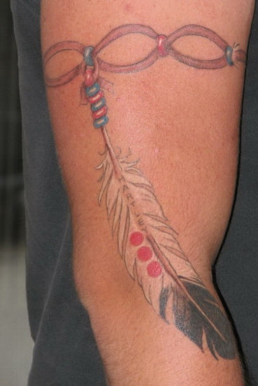 Black & White Eagle Feather With Band Tattoo On Sleeve