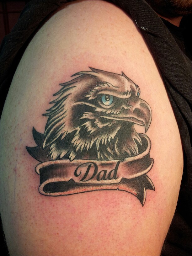 Black & White Eagle Head Memorial Tattoo With Dad Ribbon