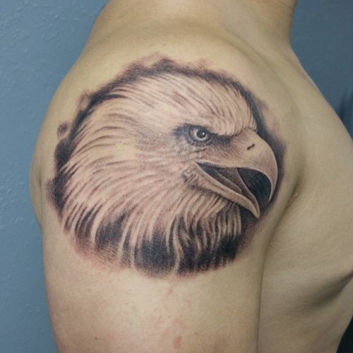 Black & White Eagle Head Tattoo On Shoulder For Men