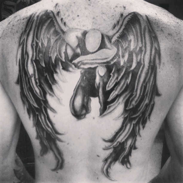 Black & White Fallen Angel Tattoo On Full Back For Men