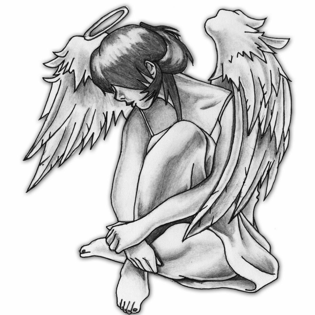 Black & White Female Fallen Angel With Halo Tattoo Design