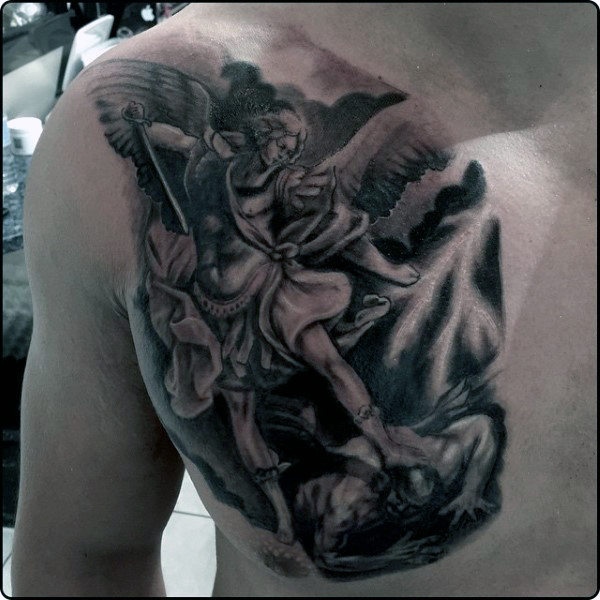 Black & White Fighting Archangel Tattoo On Chest For Men