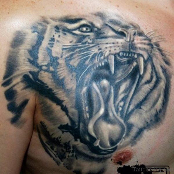 Black & White Roaring Tiger Tattoo On Chest For Men1