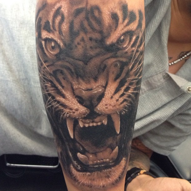 Black & White Roaring Tiger Tattoo On Forearm