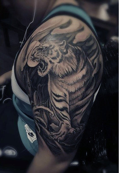 Black & White Roaring Tiger Tattoo On Half Sleeve