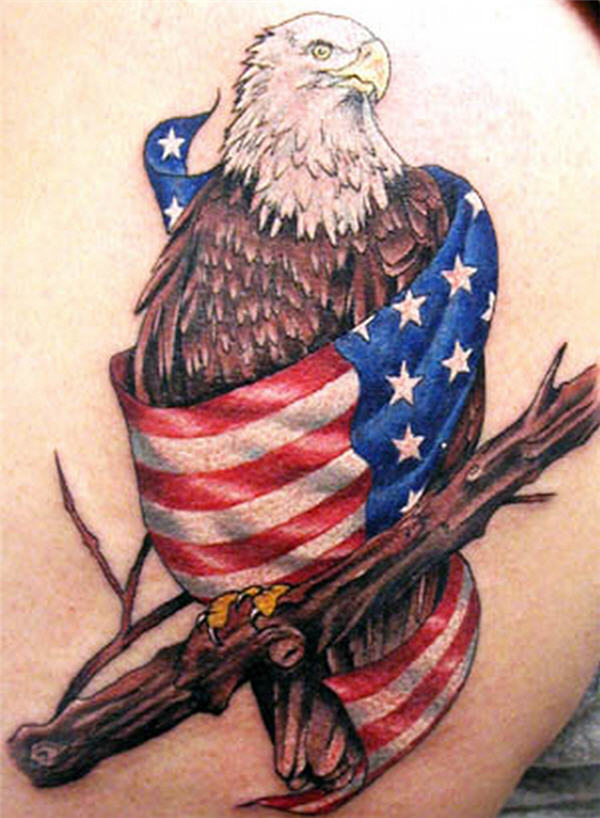 Bald Eagle Wrapped In American Flag Tattoo Design On Back Shoulder For Girls