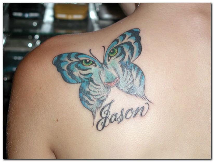 Blue Black Ink Girly Tiger Butterfly Tattoo On Back Shoulder