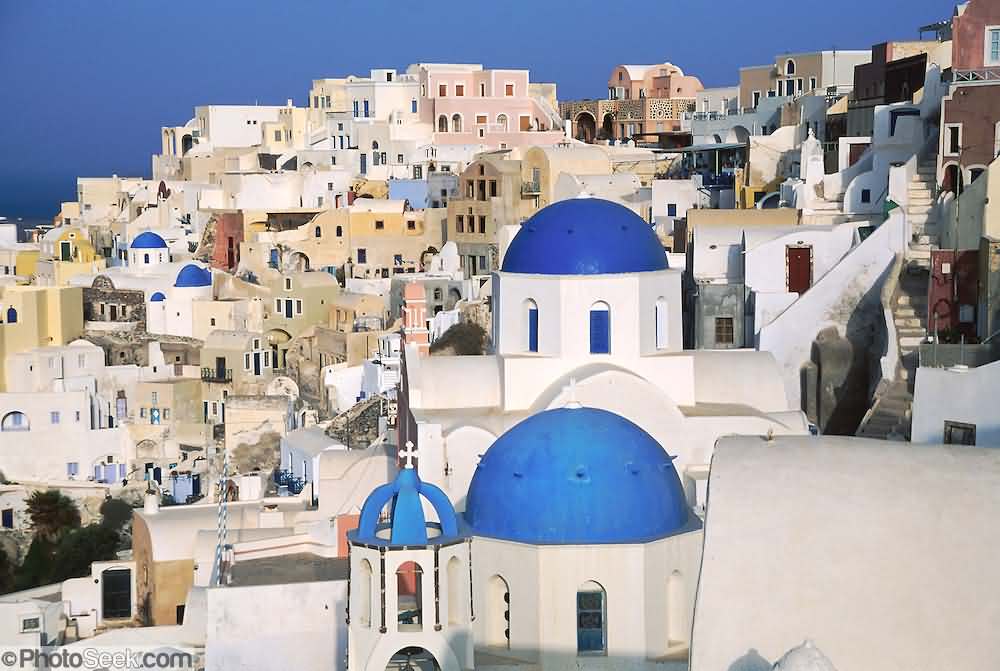 Blue Dome Church And Houses In Santorini
