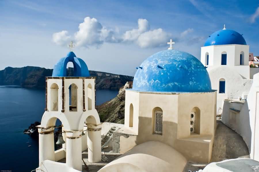 Blue Dome Church In Santorini Island, greece