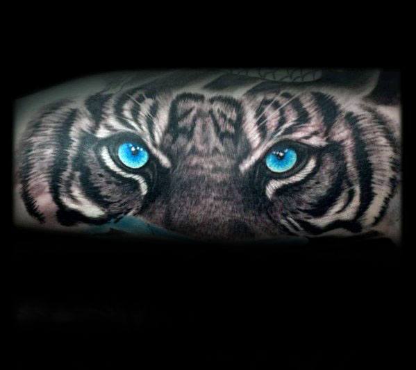 Blue Tiger Eyes Tattoo On Forearm For Men