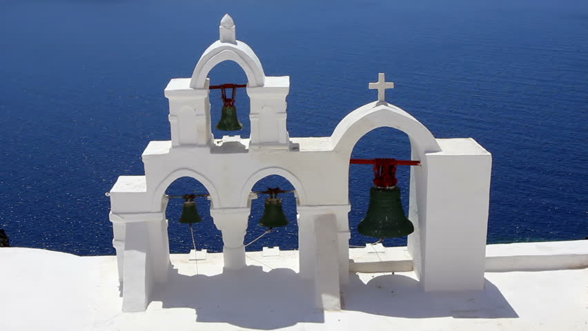 Church Bells In Blue Dome Church On Santorini Island