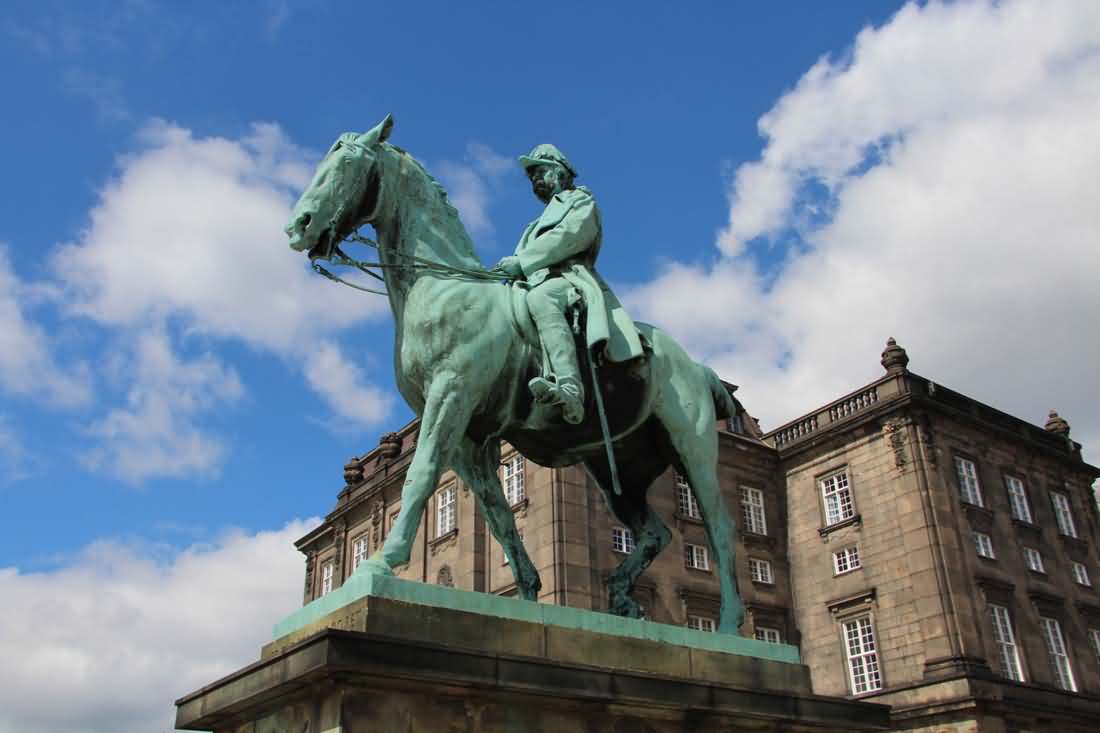 Closeup Of King Christian IX Statue In Front Of Christiansborg Palace