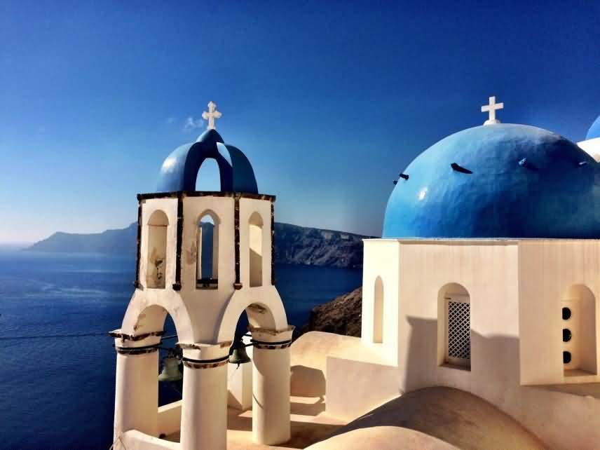 Closeup of domes of church in santorini, Greece