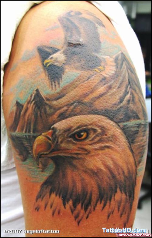 Colored Eagle Head With Flying Eagle & Mountains Tattoo Design On Half Sleeve