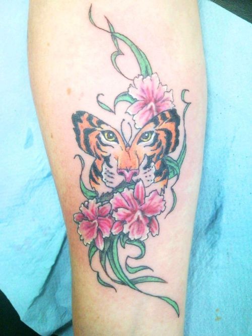 Colored Tiger Butterfly Tattoo On Forearm For Girls