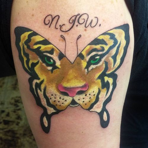 Colored Tiger Butterfly With Lettering Tattoo On Half Sleeve