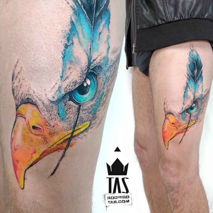 Colorful Eagle Eye Tattoo On Thigh